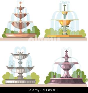 Springbrunnen. Wasser Schönheit dekorative Konstruktionen für Gärten Outdoor-Park Vektor Cartoon-Illustrationen Stock Vektor