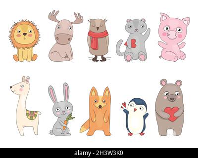 Niedliche Tiere. Eule Igel Tiger Panda Kaninchen Vektor handgezeichnete Zoo-Sammlung für Kinder Stock Vektor