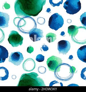 Nahtloses Muster aus blauen und grünen Kreisen in Aquarell. Vektorgrafik Stock Vektor