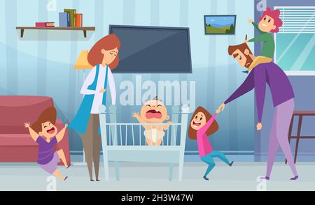 Große Familie. Müde Eltern und aktive Kinder. Elternschaft, Mutter Vater Kinder im Zimmer Vektor-Illustration Stock Vektor