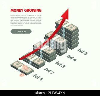Wachstumsgeld. Dollar Stapel Investition Rentabilität Konzept Wert Diagramm grellen Vektor isometrische Illustrationen Stock Vektor
