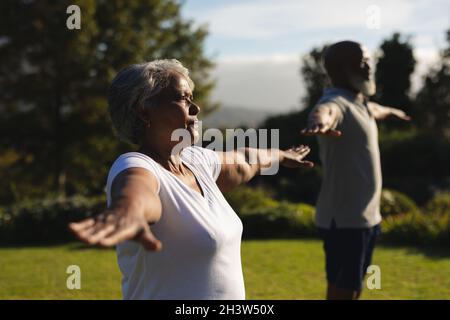 Ein älteres afroamerikanisches Paar praktiziert Yoga in einer atemberaubenden Landschaft Stockfoto