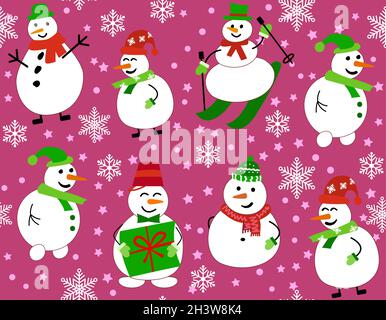 Wintermuster mit Schneemännern und Schneeflocken. Schneemann auf Skiern Stock Vektor