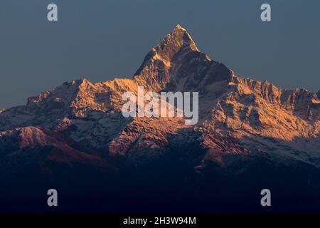 Machapuchare von Sarangkot aus gesehen an einem wolkenlosen Januarmorgen Stockfoto