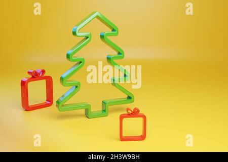 Abstrakter Weihnachtsbaum und Geschenke auf gelbem Hintergrund. 3d-Illustration. Stockfoto