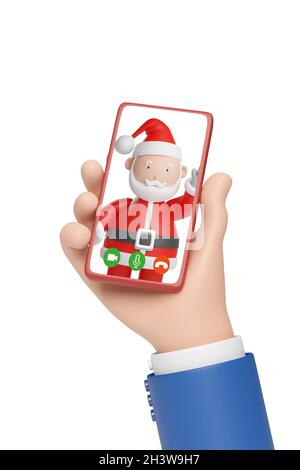 Cartoon Weihnachtsmann auf einem Handy-Bildschirm isoliert in weißem Hintergrund. Weihnachtskonzept. 3d-Illustration. Stockfoto