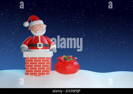 Cartoon Weihnachtsmann mit Geschenktüte, die durch einen Kamin kommen. Weihnachtskonzept. 3d-Illustration. Stockfoto