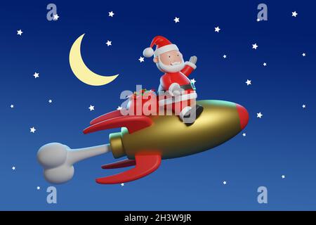 Cartoon Weihnachtsmann mit Geschenktasche fliegen in einem Raumschiff. Weihnachtskonzept. 3d-Illustration. Stockfoto