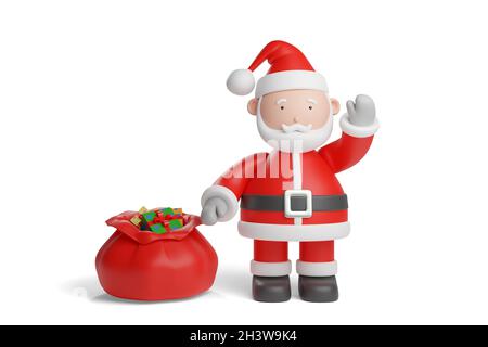 Cartoon Weihnachtsmann mit Tasche von Geschenken in weißem Hintergrund isoliert. Weihnachtskonzept. 3d-Illustration. Stockfoto