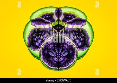 Montage, Abstrakt, Lebendig, Symmetrie, Formen, Muster, Traumhaft, Gelber Hintergrund Stockfoto