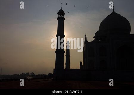 Taj Mahal und seine zwei Minarette kurz nach Sonnenaufgang Stockfoto