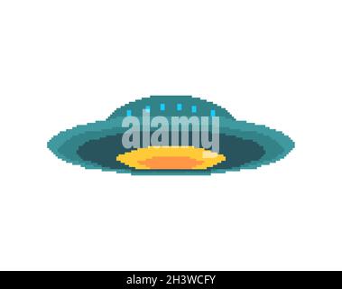 UFO-Pixelkunst. Verpixelte fliegende Untertasse isoliert. 8 Bit unbekannte fliegende Objekt Vektor-Illustration Stock Vektor