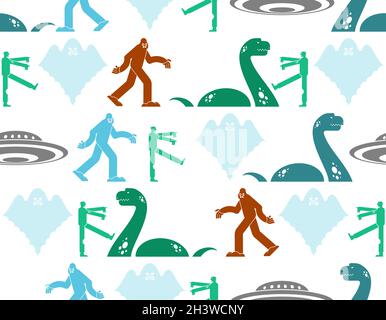 Paranormale Monster Muster nahtlos. Werwolf und Zombies. UFO und Yeti. Loch Ness Monster und Geist. Monster Hintergrund Stock Vektor