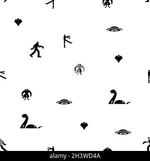 Paranormale Monster Muster nahtlos. Werwolf und Zombies. UFO und Yeti. Loch Ness Monster und Geist. Monster Hintergrund Stock Vektor