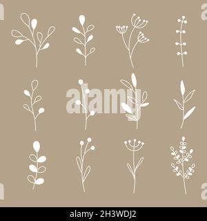 Kollektion von minimalistischen einfachen floralen Elementen. Grafische Skizze. Modisches Tattoo-Design. Blumen, Gras und Blätter. Botanische Naturelemente Stock Vektor