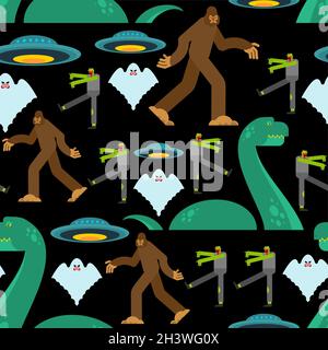 Paranormale Monster Muster nahtlos. Werwolf und Zombies. UFO und Yeti. Loch Ness Monster und Geist. Monster Hintergrund Stock Vektor