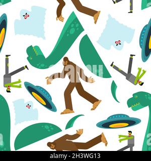 Paranormale Monster Muster nahtlos. Werwolf und Zombies. UFO und Yeti. Loch Ness Monster und Geist. Monster Hintergrund Stock Vektor
