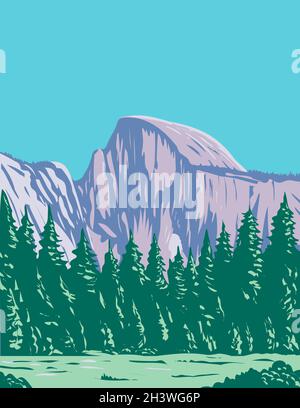 The Half Dome am östlichen Ende des Yosemite Valley im Yosemite National Park California WPA Poster Art Stockfoto