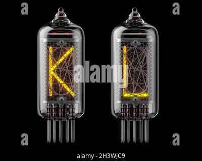 Nixie-Röhrenanzeige. Buchstaben k und l auf schwarzem Hintergrund. 3d-Illustration Stockfoto
