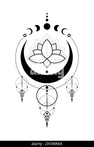Mystische Mondphasen, Lotusblume, Heilige Geometrie. Dreifacher Mond, Halbmond heidnische Wiccan Göttin Symbol, Silhouette Wicca Banner Zeichen, Energie Kreis, Stock Vektor