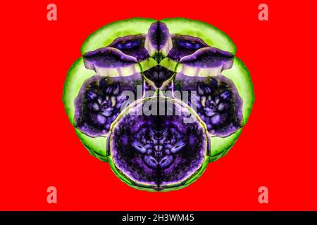 Montage, Abstrakt, Lebendig, Symmetrie, Formen, Muster, Traumhaft, Roter Hintergrund Stockfoto