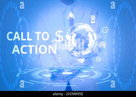 Konzeptioneller Titel Call to Action. Wort geschrieben auf Ermahnung etwas tun, um Ziel mit Problem Lady in Uniform Halten Tablet in der Hand zu erreichen Stockfoto