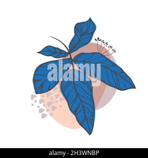 Minimalistische Poster mit floraler Komposition aus dekorativen Elementen, handgezeichneten Blumen, Blättern und abstrakten Formen. Stock Vektor