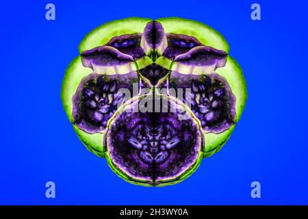 Montage, Abstrakt, Lebendig, Symmetrie, Formen, Muster, Traumhaft, Blauer Hintergrund Stockfoto