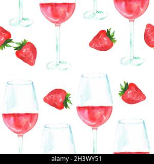 Nahtlose Muster mit Rose Wein und Erdbeeren, Aquarell, wiederholen Sie Drucken auf weißem Stockfoto