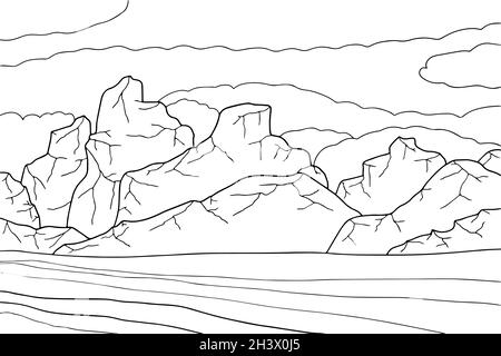 Doodle außerirdische Fantasy-Landschaft mit großen Bergen Malvorlagen für Erwachsene. Fantastische psychedelische Grafik. Vektor von Hand gezeichnet einfachen flachen illus Stock Vektor