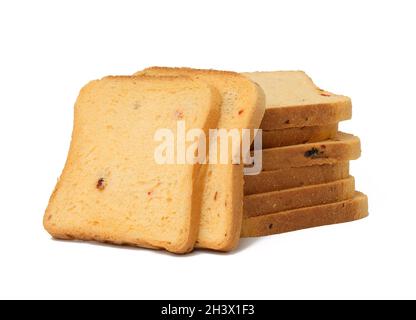 In Scheiben geschnittener Weißkornmehl-Laib mit Tomaten. Quadratische Stücke für Sandwich isoliert auf weißem Hintergrund Stockfoto