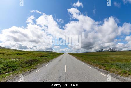 Eine asphaltierte Autobahn führt direkt zum Horizont in einer wilden Tundralandschaft Stockfoto