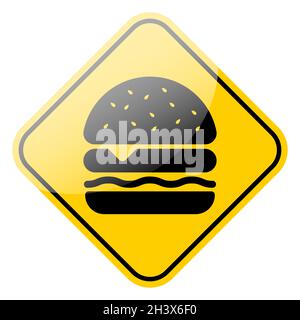 Hamburger-Symbol. Fast Food Cheeseburger Schwarzes Symbol isoliert auf gelben Straßenschild Rahmen. Vektorgrafik. Stock Vektor