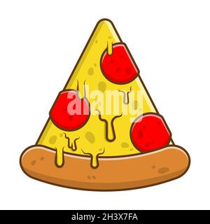 Pizza mit Pepperoni-Logo. Gelber Käse auf eine Pizzaleibe mit Pepperoni- oder Tomatenstich-Symbol tropfen lassen. Vektorgrafik Fast Food. Stock Vektor