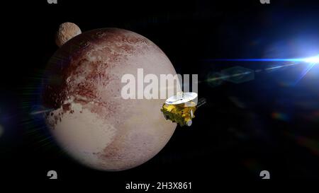 Neue Horizonte Raumschiff vor der Zwergplanet Pluto und Mond Charon Stockfoto