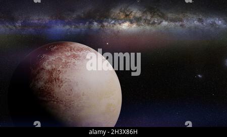 Zwergplanet Pluto vor der Milchstraßengalaxie (3d-Abbildung, Elemente dieses Bildes werden von der NASA erstellt) Stockfoto