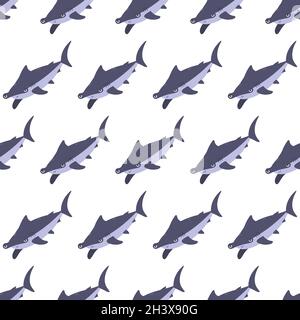 Seetier nahtloses Muster mit Hummerkopfhai. Unterwasser Welt Bewohner drucken. Handgezeichnete Unterwasserdarstellung des Lebensvektors. Lustige Cartoon marine Tiere Charakter für Kinder Stoff, Textil. Stock Vektor