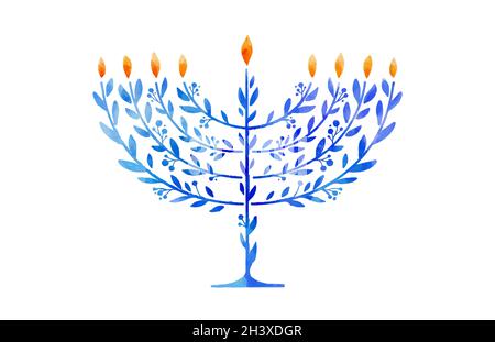 Happy Hanukkah, Vektor-Aquarell-Illustration, Banner-Design. Traditionelle jüdische Feiertagsgrußkarte mit Menora und Dreidels Stock Vektor