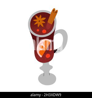 Glühwein, zu Weihnachten serviertes heißes Gewürzgetränk, dekoriert mit Apfel, Orangenfrucht, Zimtstange und Anisstern, Doodle-Illustration Stock Vektor