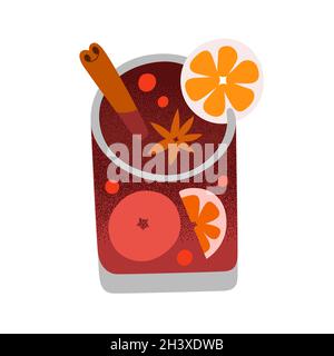 Glühwein im Glas, Getränk mit heißem Rotwein und Gewürzen, Zimtstange, handgezeichnete Doodle-Illustration, Vektorsymbol auf Weiß isoliert Stock Vektor