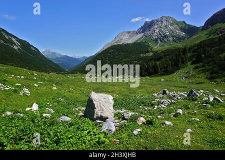 Lechquellengebirge bei Formarinjoch, Blick auf das Warther Horn, Vorarlberg, Österreich Stockfoto