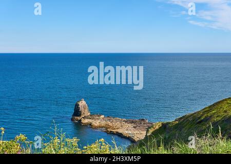 04. Juni 2021. Brixham, Großbritannien. Berry Head Meeresblick in Brixham, Devon, UK. Felsen im Ozean. Stockfoto