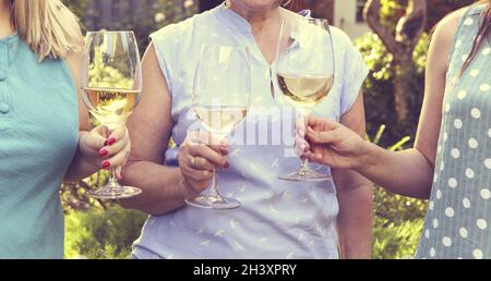 Crop Frauen trinken Wein während des Picknicks Stockfoto