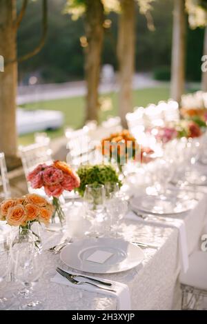 Hochzeitsessen Tischempfang. Nahaufnahme von oben auf weißen runden Tellern. Blumensträuße aus rosa, orange, grünen Blüten. Rosa Ro Stockfoto