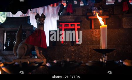 Kerzen brennen in einem kleinen Tempel mit der japanischen Fuchsstatue von Kitsune am berühmten Fushimi Inari Taisha-Schrein. Japan gott Wache aus Stein bei Shinto sh Stockfoto