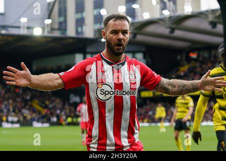 Watford, Großbritannien. Oktober 2021. Adam Armstrong #9 von Southampton in Watford, Vereinigtes Königreich am 10/31/2021. (Foto von Richard Washbrooke/News Images/Sipa USA) Quelle: SIPA USA/Alamy Live News Stockfoto