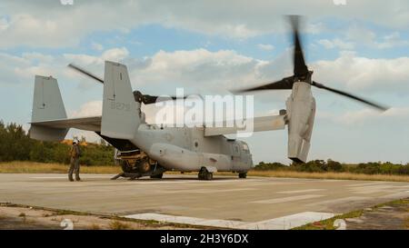 Ein US Marine Corps MV-22B Osprey, der Marine Medium Tiltrotor Squadron (VMM) 262 zugewiesen wurde, fügt ein Utility Task Vehicle mit Marines aus 2d Bataillon, 8th Marines, während der umkämpften Island Übung auf Okinawa, Japan, am 28. Oktober 2021 ein. Diese Übung zeigte die Fähigkeit der Marineinfanteristen, schnell eine Vielzahl von Missionen auszuführen, und zeigte die Entschlossenheit der USA, die regionale Sicherheit im Indo-Pazifik-Raum aufrechtzuerhalten. 2/8 wird im Indo-Pazifik unter 4th Marines, 3d Marine Division, eingesetzt. (USA Marine Corps Foto von Lance CPL. Scott Aubuchon) Stockfoto