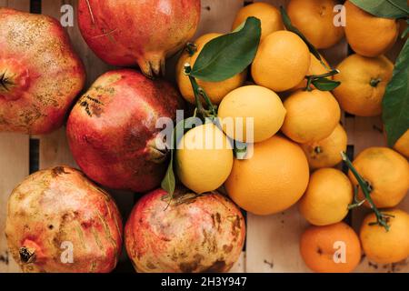 Eine Holzkiste mit Mandarinen, Zitronen und Granatäpfeln. Früchte im Herbstgarten gesammelt. Stockfoto