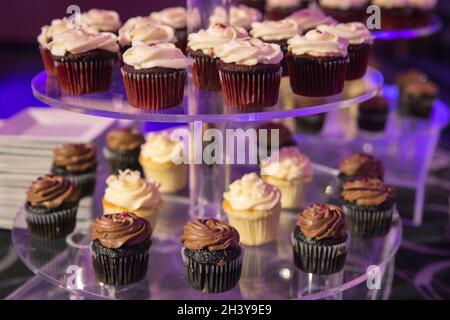 Cupcakes werden an der Dessertbar bei einer Veranstaltung ausgestellt. Stockfoto