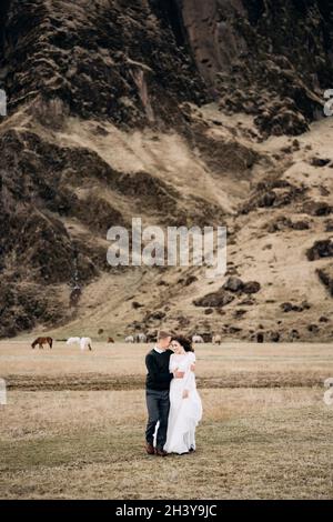 Hochzeitspaar auf dem Hintergrund eines felsigen Berges und grasenden Pferden in Island. Braut und Bräutigam gehen auf dem Feld Stockfoto